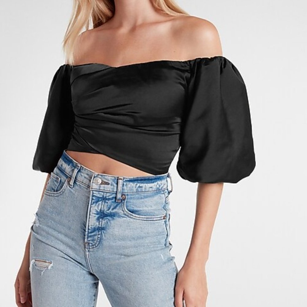 Express Satin Off the Shoulder Puff SLeeve Crop Top